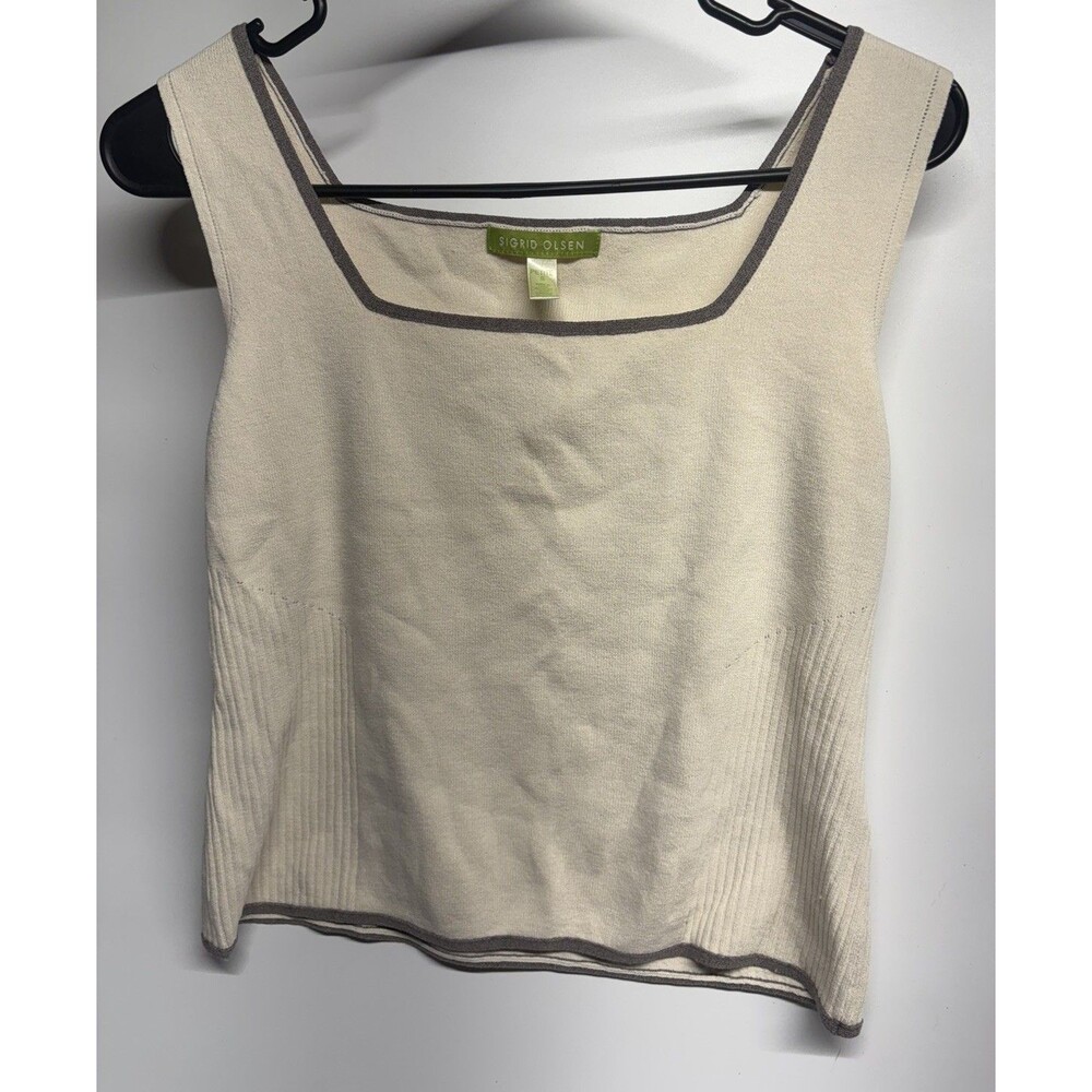 Sigrid Olsen Women’s Petite Small Cream Gray Ribbed Sleeveless Tank Top